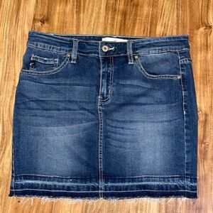 Kancan women’s skirt large jean mini denim fray raw stretch blue NWOT casual